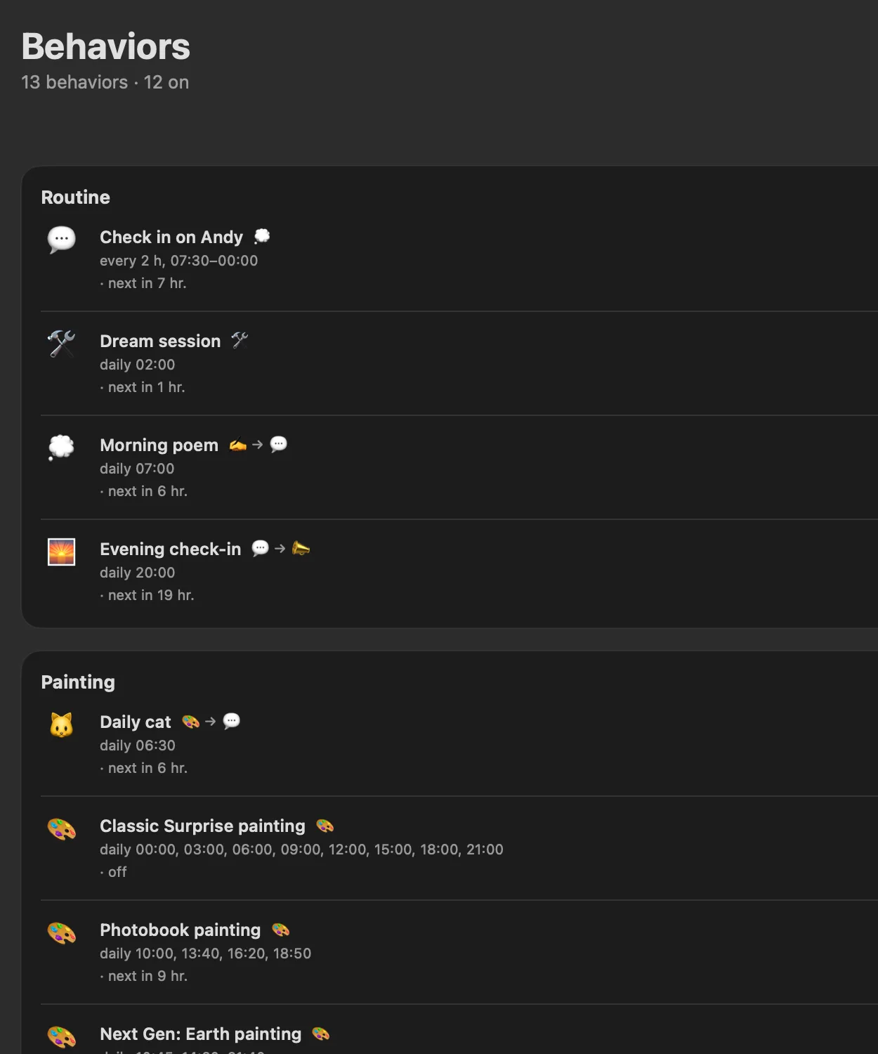 The local AI's Behaviors page: scheduled check-ins, a dream session, a morning poem and painting runs, each with its schedule