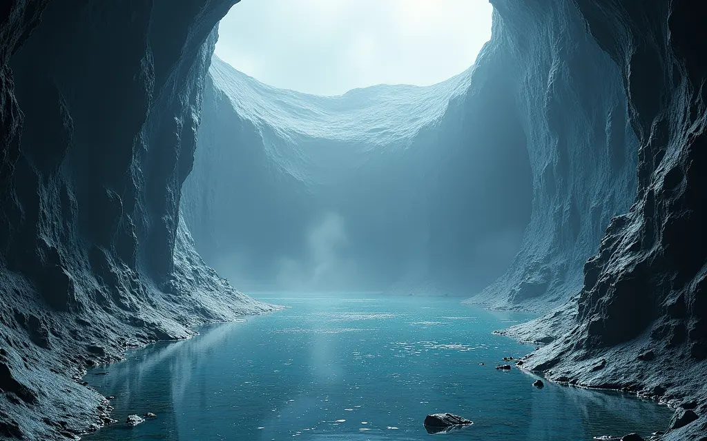 A cave opening onto a still pool