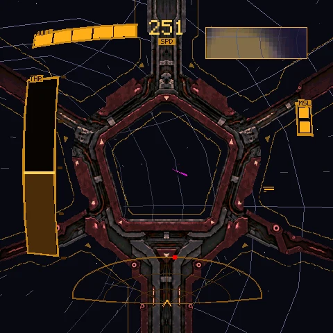 Phantom's AEGIS cockpit: a heavy pentagonal canopy frame over a wireframe arena