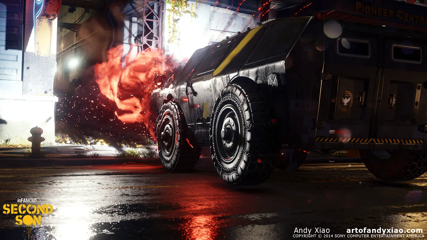 An armored truck from inFAMOUS: Second Son on a wet street at night, with fire behind it